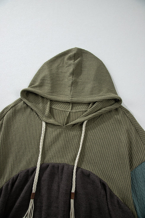 Mixed Texture Waffle Knit Patchwork Frayed Hem Hooded Top