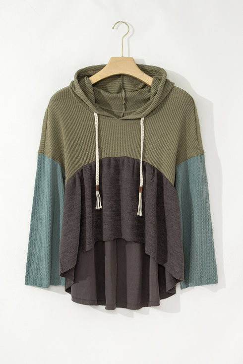 Mixed Texture Waffle Knit Patchwork Frayed Hem Hooded Top