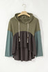 Mixed Texture Waffle Knit Patchwork Frayed Hem Hooded Top