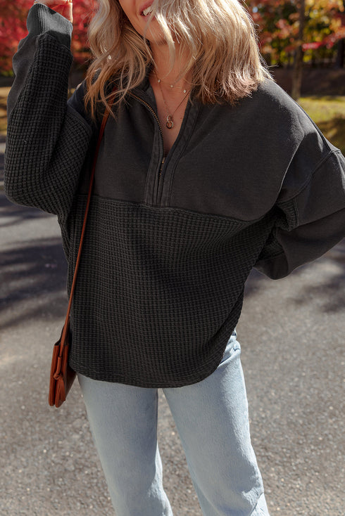 Mixed Texture Waffle Knit Quarter Zip Pullover