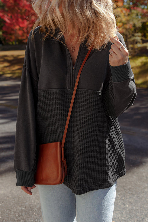Mixed Texture Waffle Knit Quarter Zip Pullover