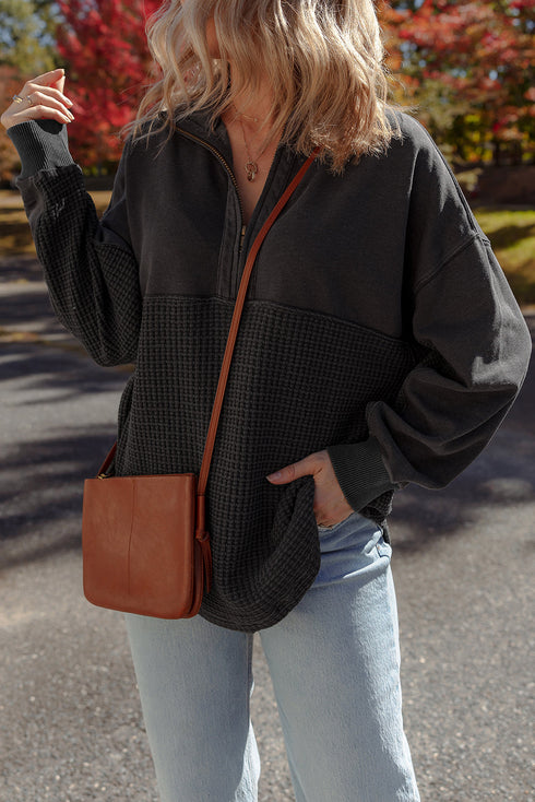 Mixed Texture Waffle Knit Quarter Zip Pullover