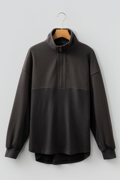Mixed Texture Waffle Knit Quarter Zip Pullover