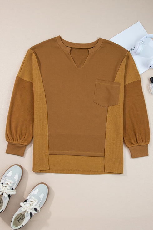 Mixed Texture Waffle Knit V Neck Pullover Top