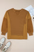 Mixed Texture Waffle Knit V Neck Pullover Top