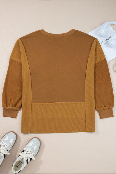 Mixed Texture Waffle Knit V Neck Pullover Top