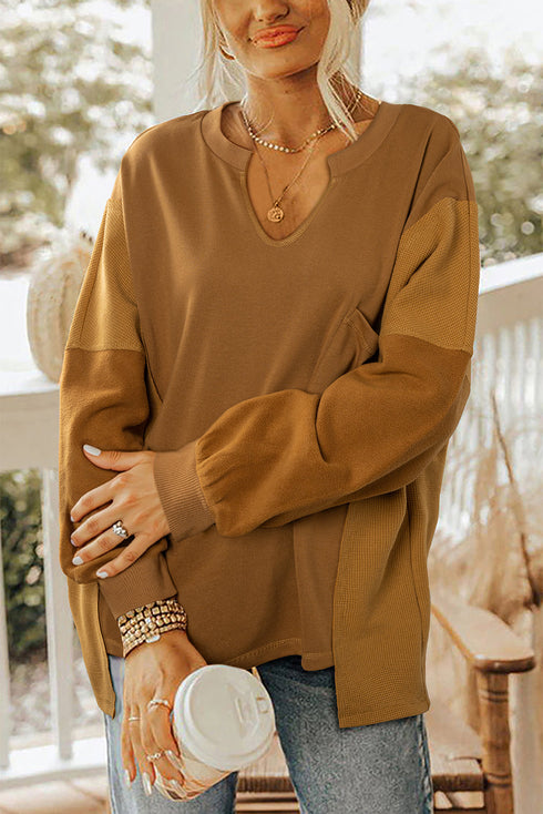 Mixed Texture Waffle Knit V Neck Pullover Top