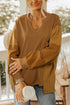 Mixed Texture Waffle Knit V Neck Pullover Top
