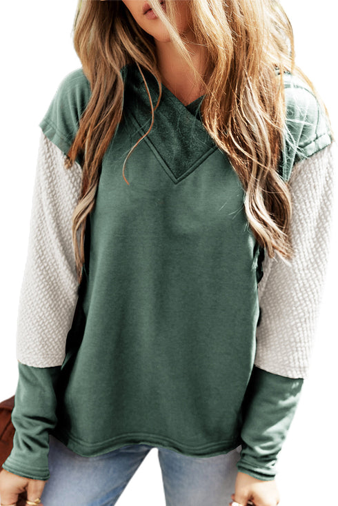 Mixed Texture Waffle Knit V Neck Top