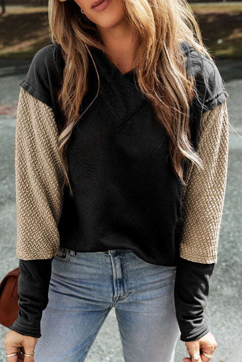 Mixed Texture Waffle Knit V Neck Top