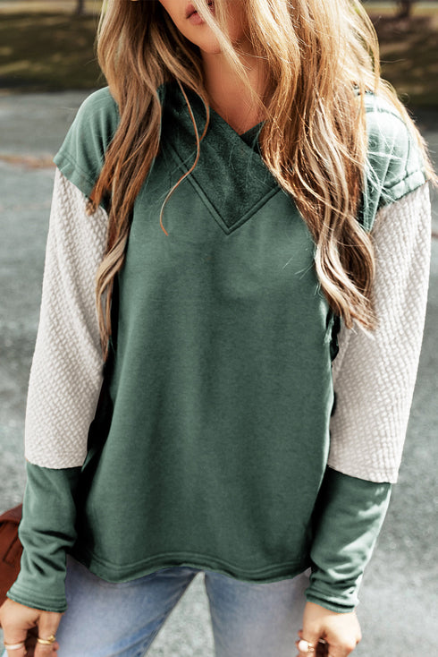 Mixed Texture Waffle Knit V Neck Top