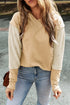 Mixed Texture Waffle Knit V Neck Top