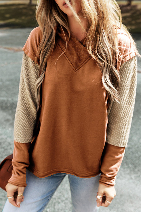 Mixed Texture Waffle Knit V Neck Top