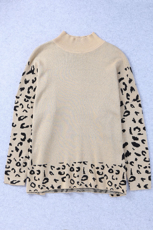 Mock Neck Animal Print Sleeve Relaxed Fit Sweater