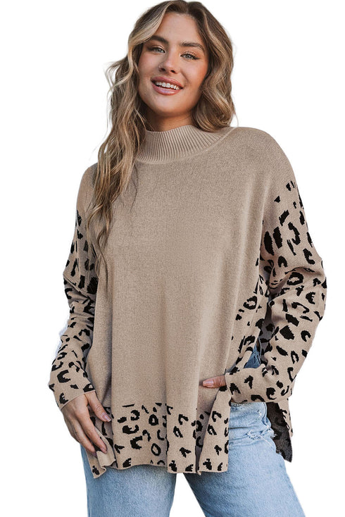 Mock Neck Animal Print Sleeve Relaxed Fit Sweater
