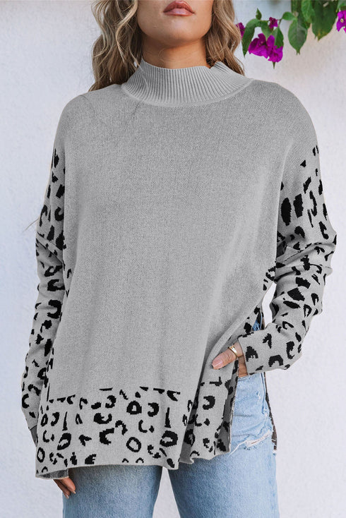Mock Neck Animal Print Sleeve Relaxed Fit Sweater