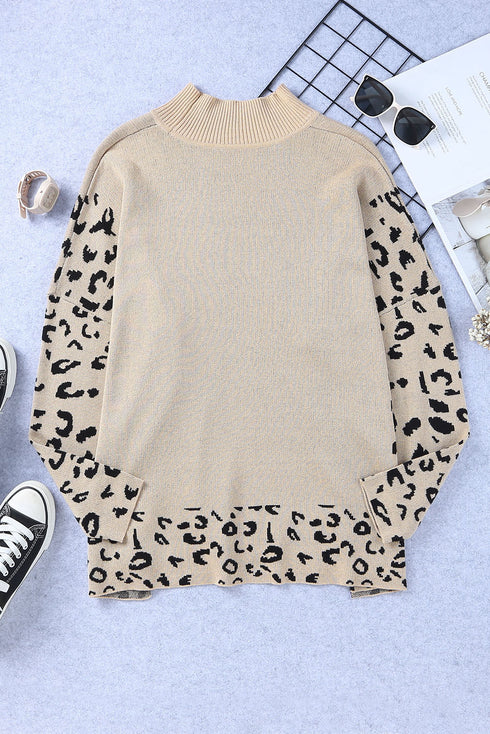 Mock Neck Animal Print Sleeve Relaxed Fit Sweater