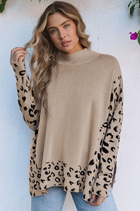 Mock Neck Animal Print Sleeve Relaxed Fit Sweater