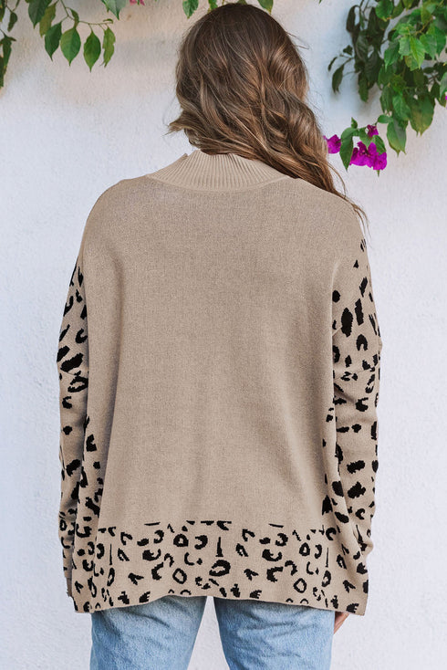 Mock Neck Animal Print Sleeve Relaxed Fit Sweater