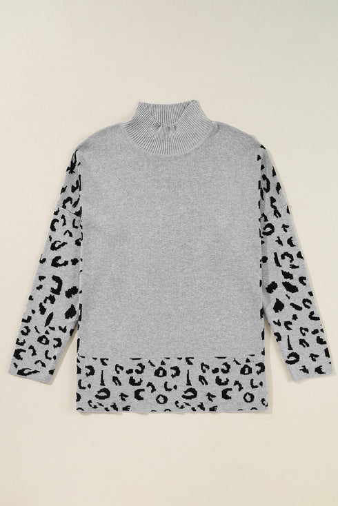 Mock Neck Animal Print Sleeve Relaxed Fit Sweater