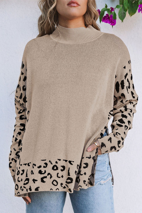 Mock Neck Animal Print Sleeve Relaxed Fit Sweater