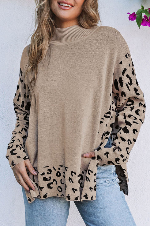 Mock Neck Animal Print Sleeve Relaxed Fit Sweater