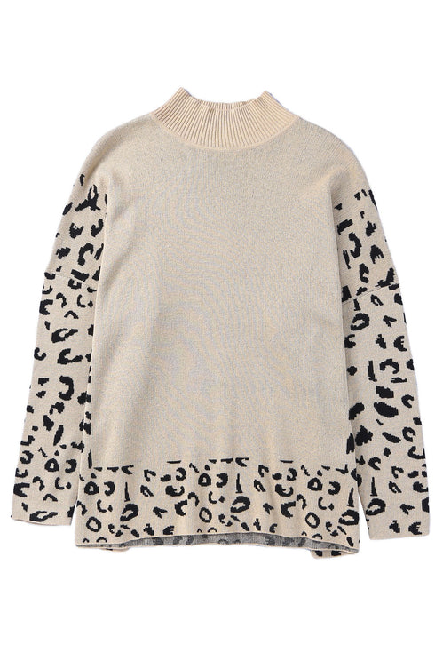 Mock Neck Animal Print Sleeve Relaxed Fit Sweater