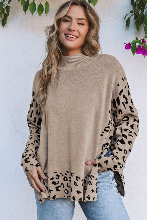 Mock Neck Animal Print Sleeve Relaxed Fit Sweater