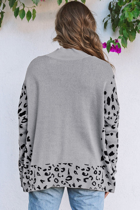 Mock Neck Animal Print Sleeve Relaxed Fit Sweater