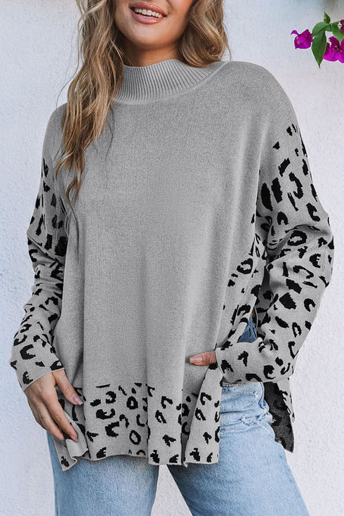 Mock Neck Animal Print Sleeve Relaxed Fit Sweater
