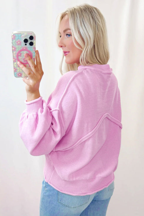 Mock Neck Balloon Sleeve Patch Pocket Knit Sweater