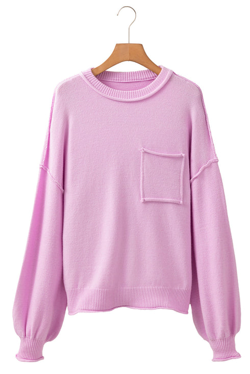 Mock Neck Balloon Sleeve Patch Pocket Knit Sweater
