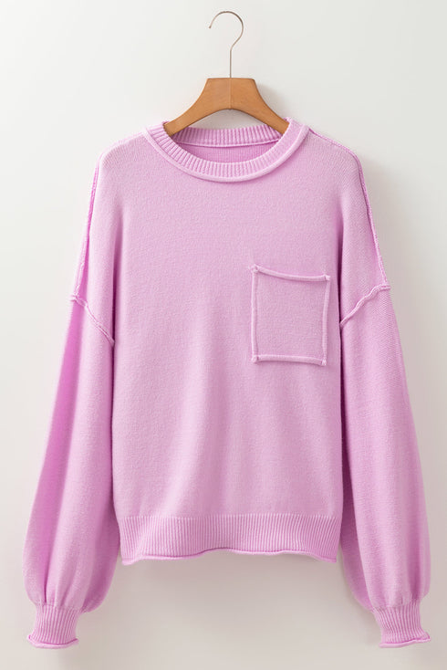 Mock Neck Balloon Sleeve Patch Pocket Knit Sweater