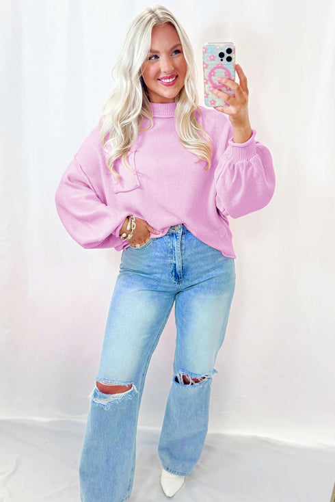 Mock Neck Balloon Sleeve Patch Pocket Knit Sweater