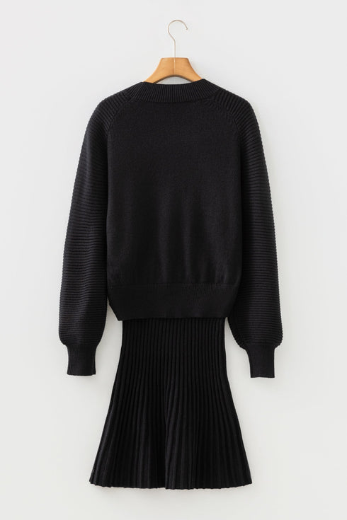 Mock Neck Balloon Sleeve Textured Knit Skirt Set
