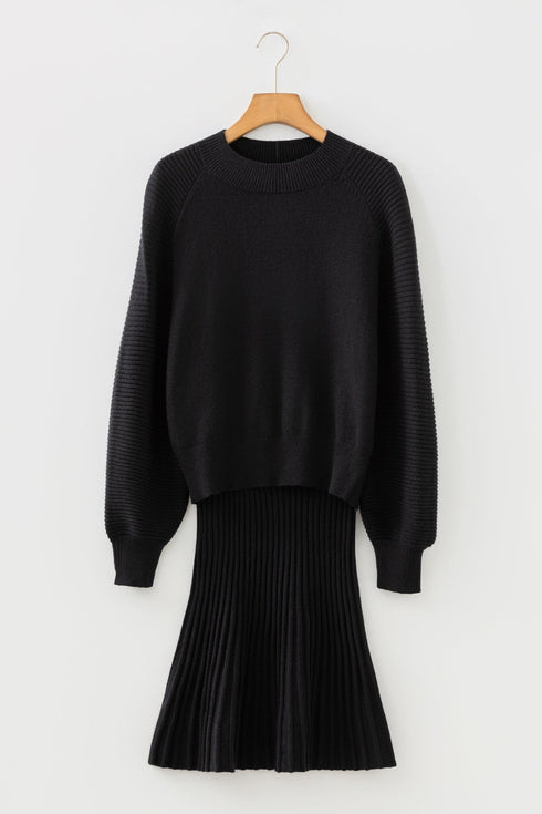 Mock Neck Balloon Sleeve Textured Knit Skirt Set