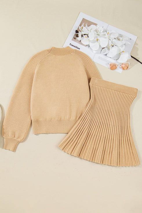 Mock Neck Balloon Sleeve Textured Knit Skirt Set