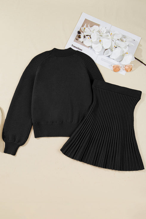 Mock Neck Balloon Sleeve Textured Knit Skirt Set