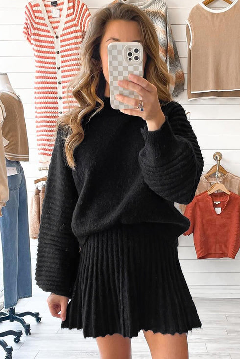 Mock Neck Balloon Sleeve Textured Knit Skirt Set