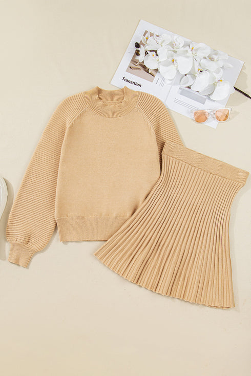 Mock Neck Balloon Sleeve Textured Knit Skirt Set