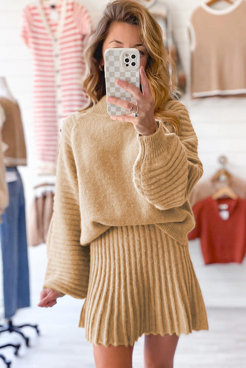 Mock Neck Balloon Sleeve Textured Knit Skirt Set