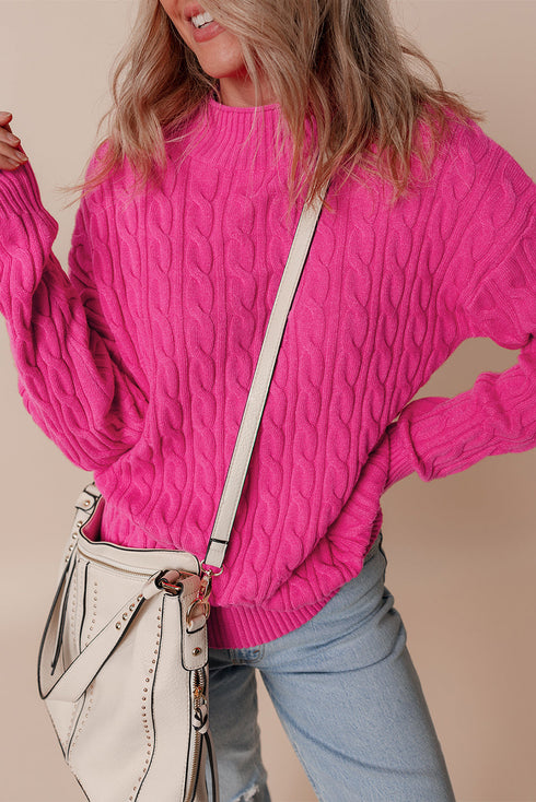 Mock Neck Cable Knit Long Sleeve Pullover Sweater