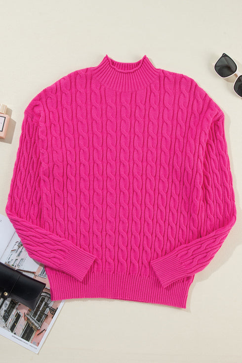 Mock Neck Cable Knit Long Sleeve Pullover Sweater