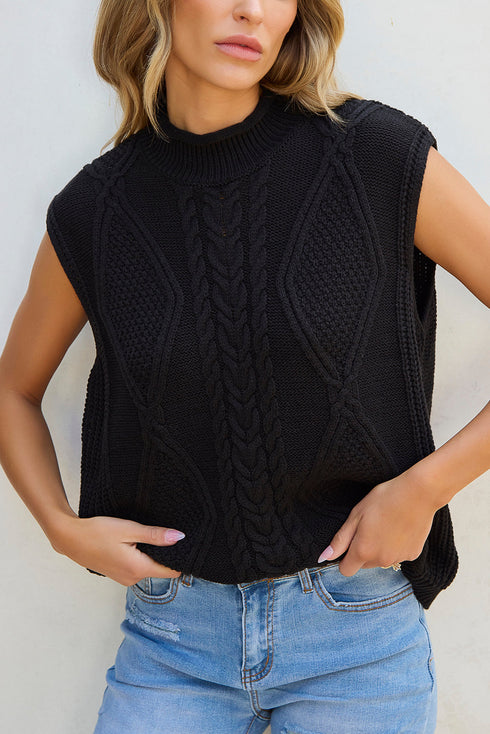 Mock Neck Cable Knit Sleeveless Sweater Top