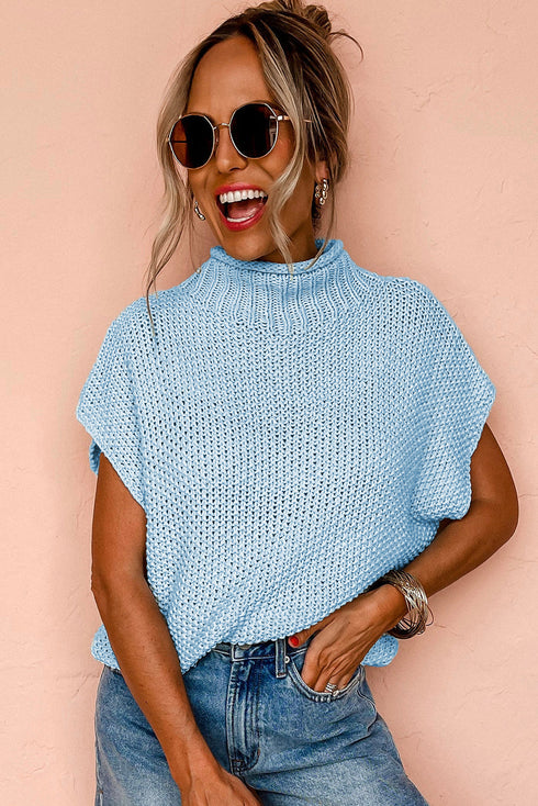 Mock Neck Cap Sleeve Chunky Knit Pullover Sweater