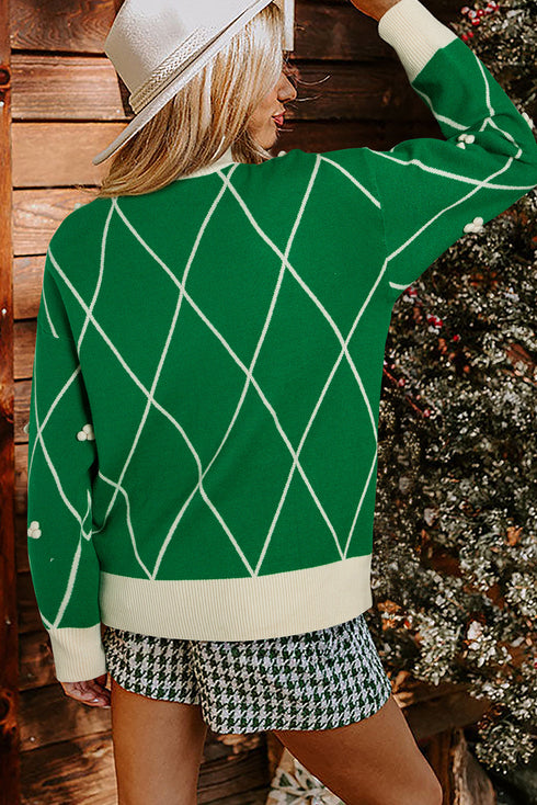 Mock Neck Diamond Grid Bobble Knit Sweater