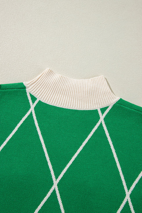 Mock Neck Diamond Grid Bobble Knit Sweater