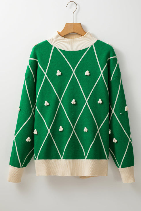 Mock Neck Diamond Grid Bobble Knit Sweater