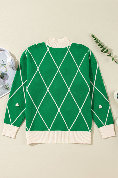 Mock Neck Diamond Grid Bobble Knit Sweater