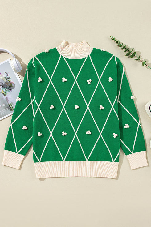 Mock Neck Diamond Grid Bobble Knit Sweater